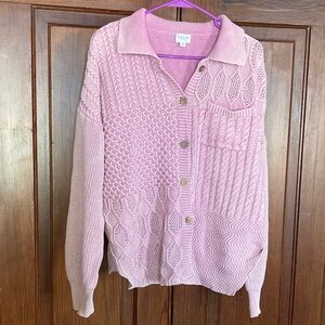 Le Lis Pink 100% Cotton Coconut Shell Button Collared Knit Cardigan Size Large